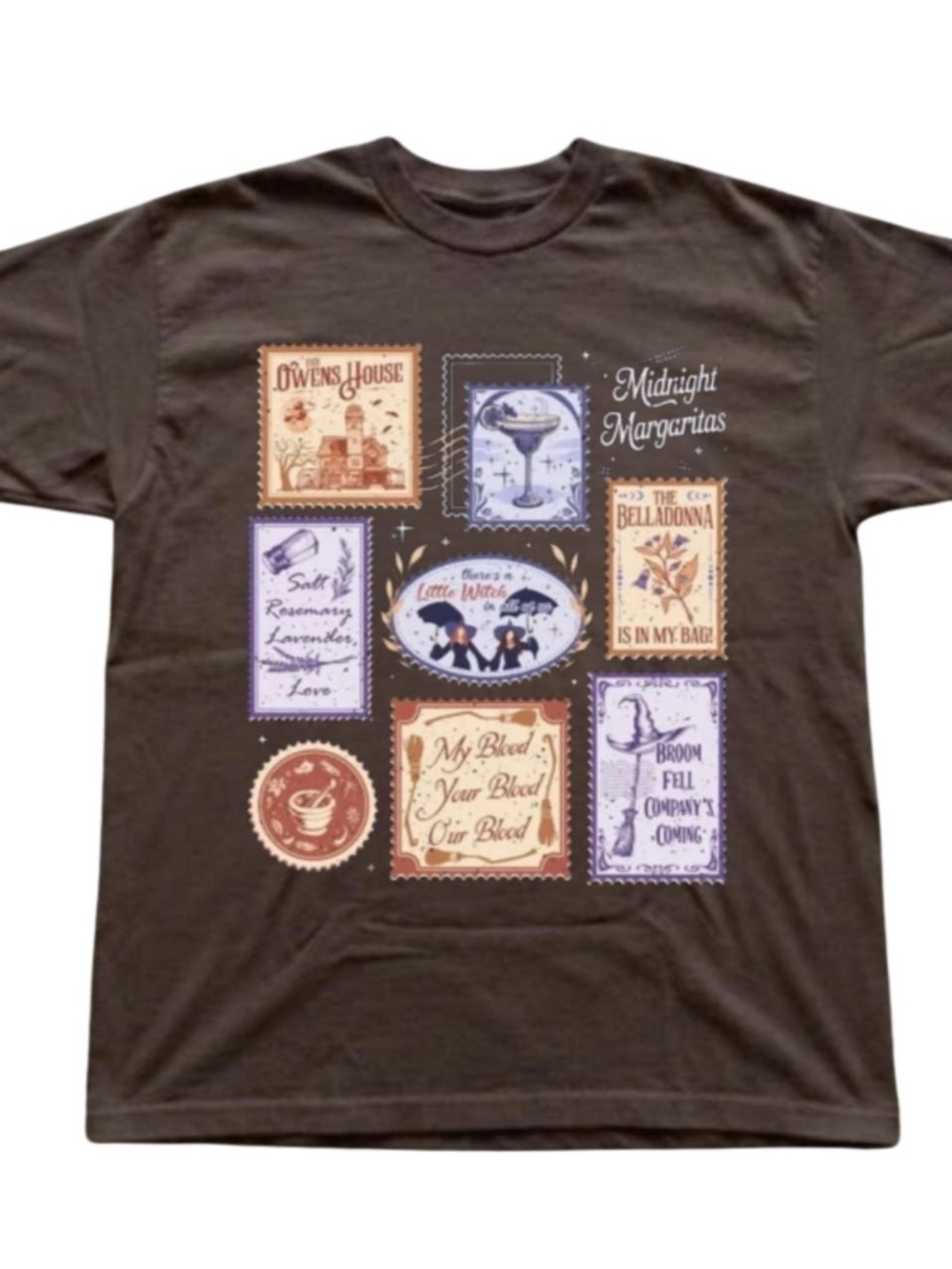Brown Short Sleeve Tee with Multicolor Vintage Stamp Graphic